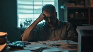 BU-Rente wird nicht gezahlt? Anwalt für Versicherungsrecht klärt Ihre Ansprüche Mann sitzt verzweifelt vor Rechnungen und Dokumenten – BU-Rente wird nicht gezahlt